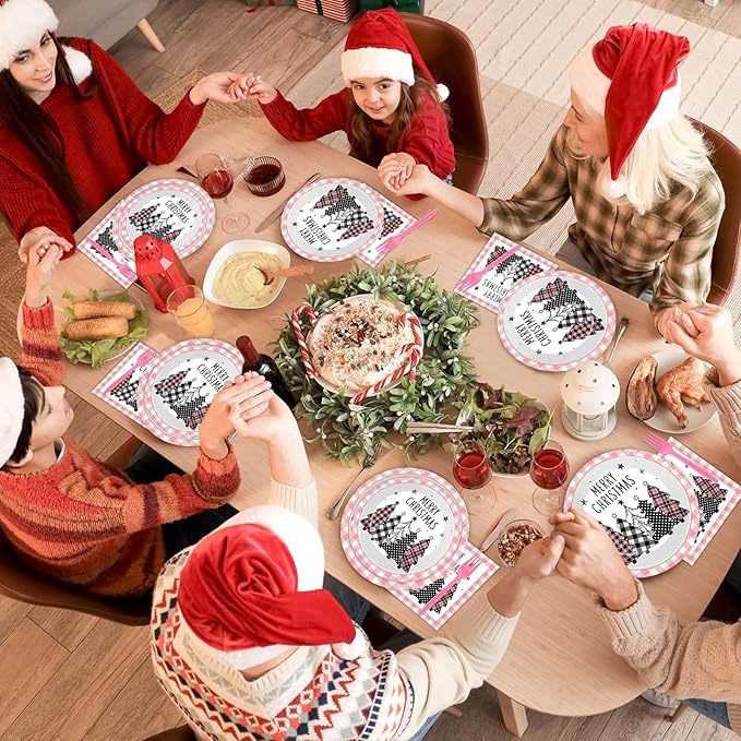 96PCS Merry Christmas Tree Party Plates and Napkins Pink Gingham