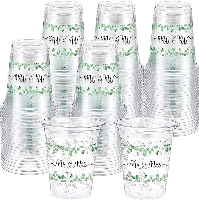 60 Pack Mr and Mrs Wedding Cups 12 oz Sage Green Eucalyptus