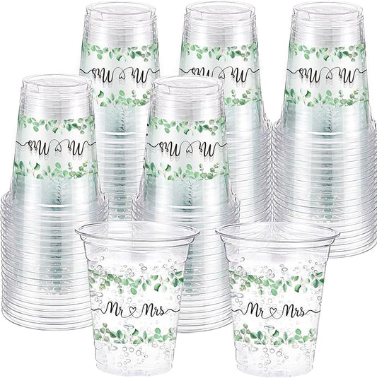 60 Pack Mr and Mrs Wedding Cups 12 oz Sage Green Eucalyptus