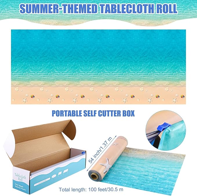 Summer Beach Tablecloth Roll with Cutter Box 100 Ft X 54 Inch Beach
