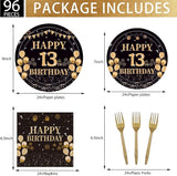 96PCS 13th Birthday Party Plates Set Black and Gold Theme Decorations