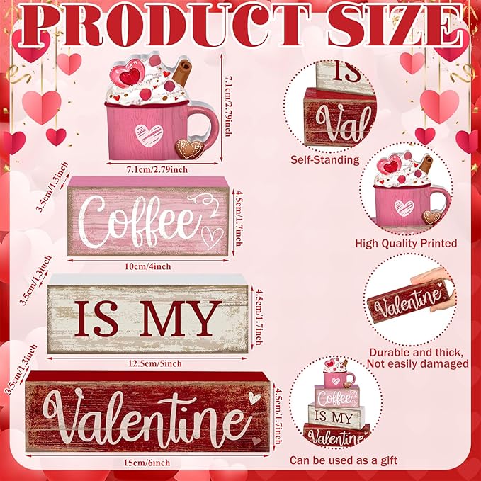 4 Pcs Valentine's Day Table Decor Wooden Cocoa Decoration