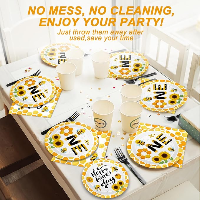 100 Pcs Bee 1st Birthday Party Supplies Paper Plates and Napkins Set