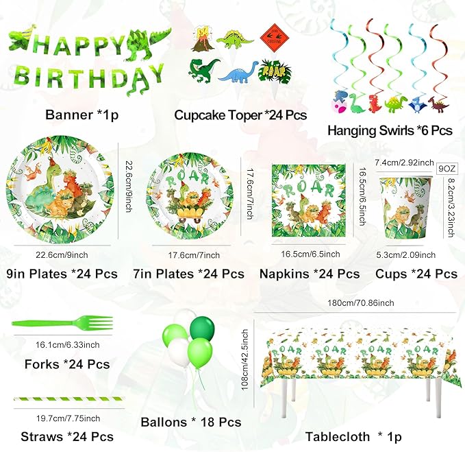 194 Pcs Dinosaur Birthday Decorations Includes Disposable Dinosaur