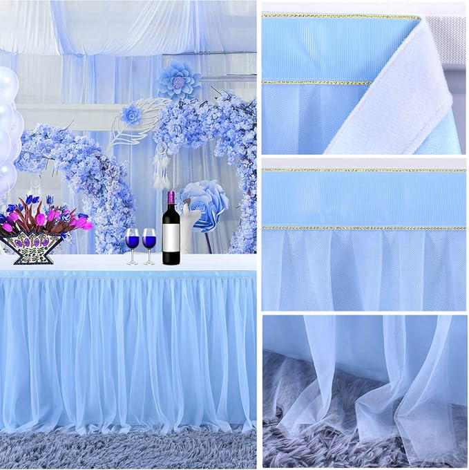 14ft Baby Blue Tulle Table Skirt for Baby Shower Boy Light Blue Tutu