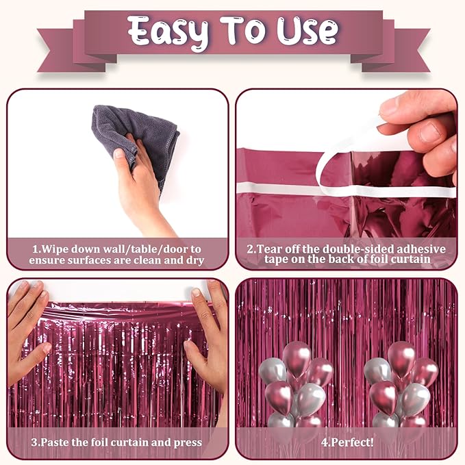 Voircoloria 3 Pack 3.3 x 8.2 ft Burgundy Foil Fringe Backdrop