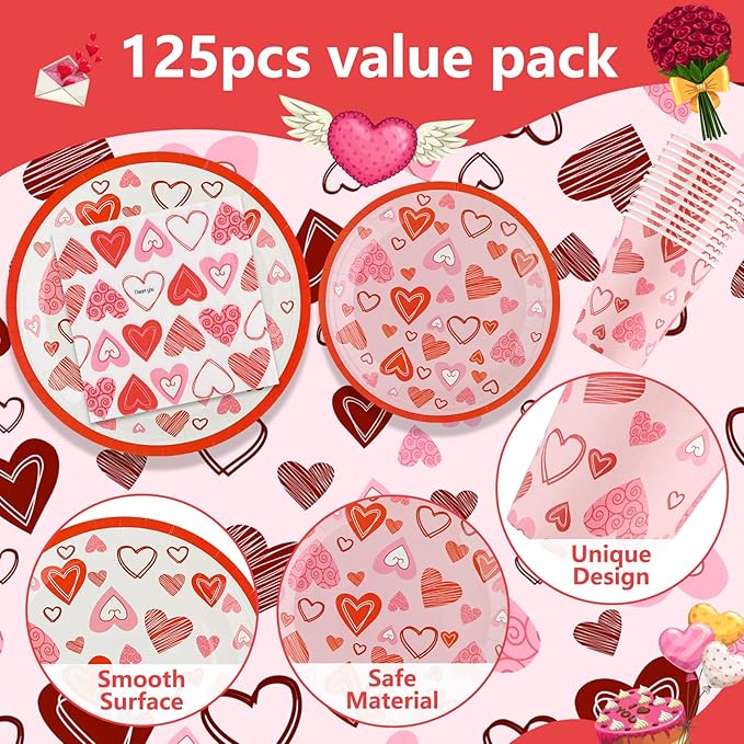 Valentines Day Decorations Party Supplies Set for 25 Disposable