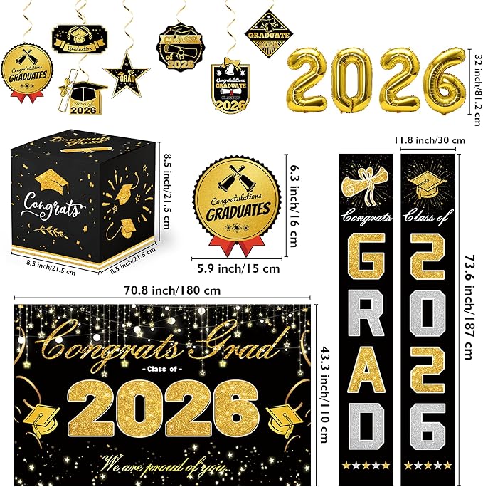 Graduation Decorations 2026 Black and Gold Party Supplies