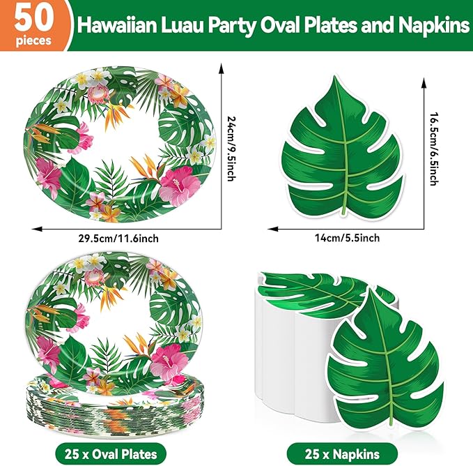 50PCS Hawaiian Luau Party Oval Paper Plates Green Leaf Shape Napkins