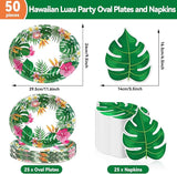 50PCS Hawaiian Luau Party Oval Paper Plates Green Leaf Shape Napkins
