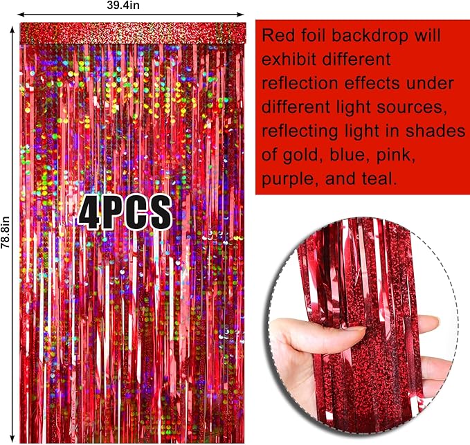 4 Packs Red Foil Fringe Curtain, Red Glitter Metallic Tinsel Backdrop