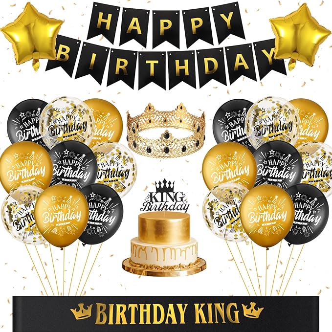 24PCS Black Gold Birthday Decorations - Gold Foil Balloons, Star