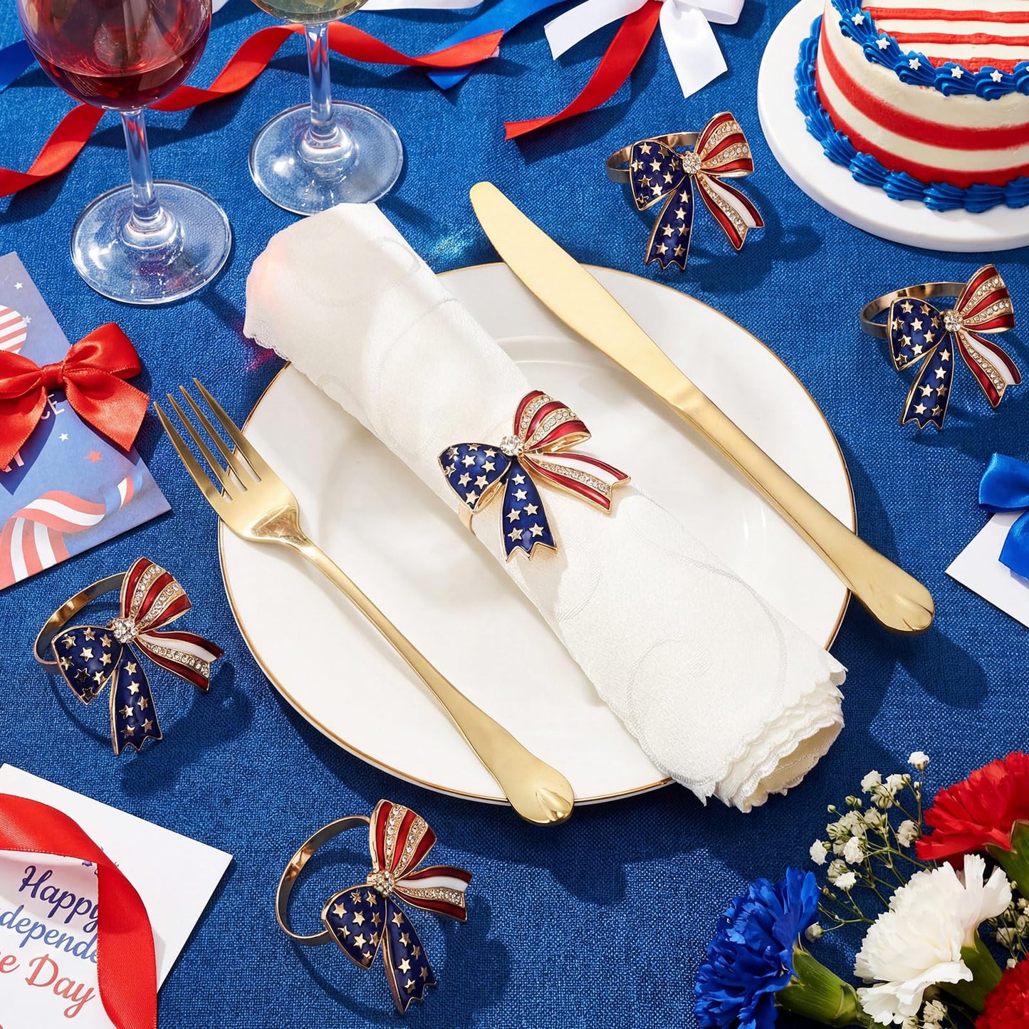 Geiserailie 6 Pieces Patriotic Napkin Rings 4th of July Bow Napkin