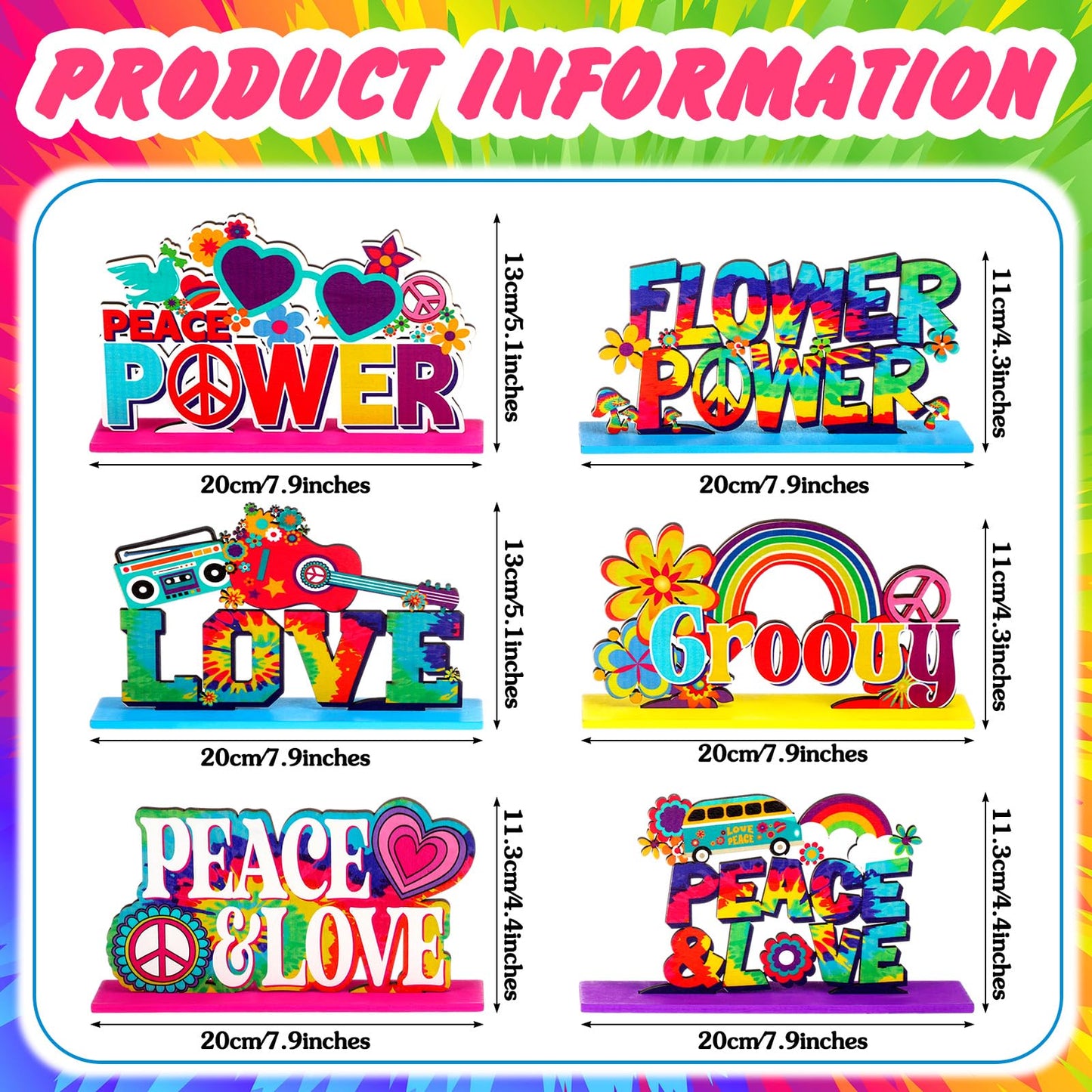 Geetery 6 Pcs 60's Hippie Party Supplies - Groovy Wooden Centerpieces