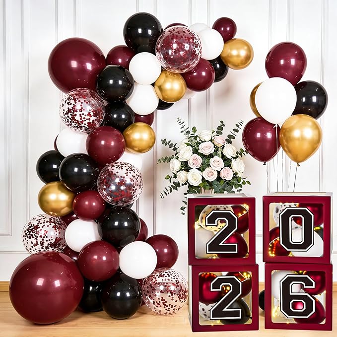 Maroon Themed 2026 Graduation Decorations Set - Balloons Boxes with
