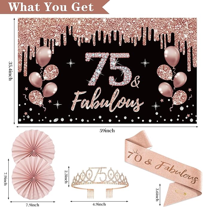 75th Birthday Decorations for Women 33pcs 75th Crown and Sash Black