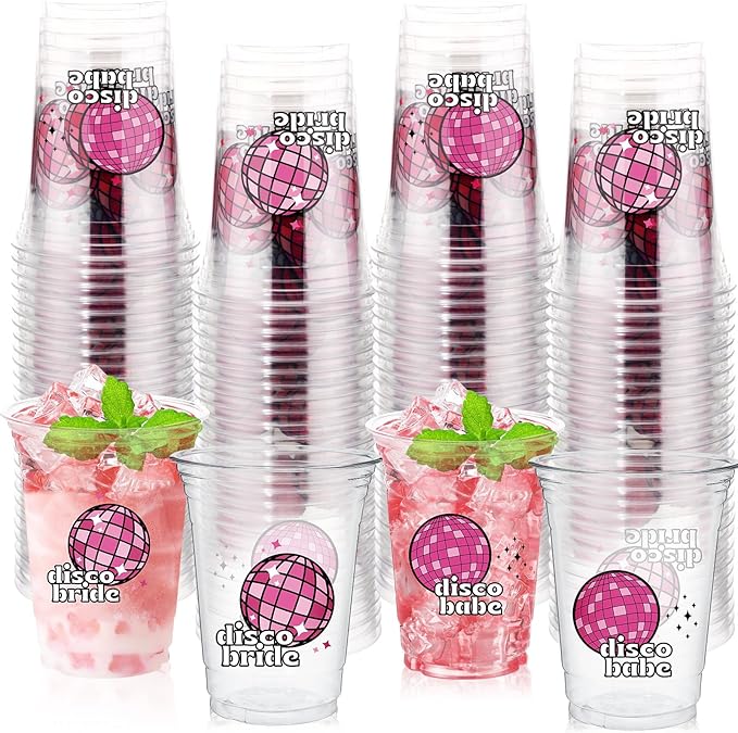 100 Pcs Pink Disco Ball Bachelorette Party Cups 16 oz Clear