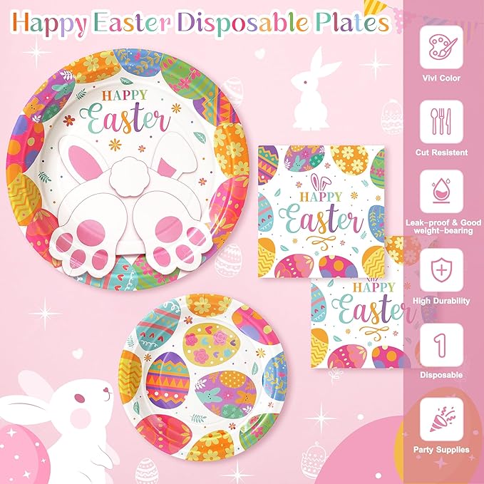 Happy Easter Plates and Napkins, 72PCS Colorful Easter Party