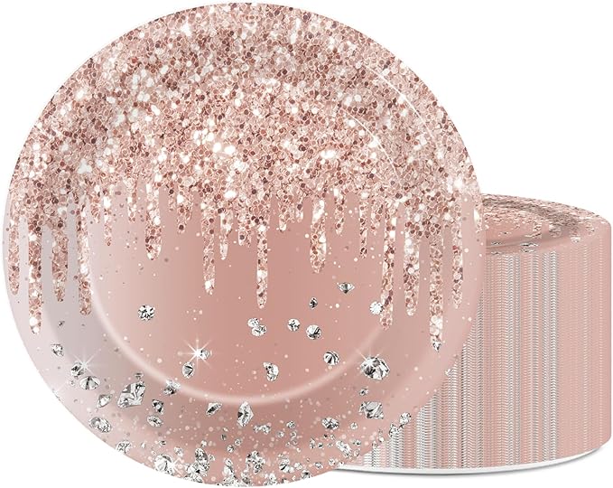 48 PCS Rose Gold Birthday Plates Pink Rose Gold Paper Dinner Dessert