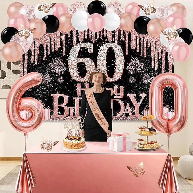 60th Birthday Decorations for Women 49pcs Black Rose Gold Black