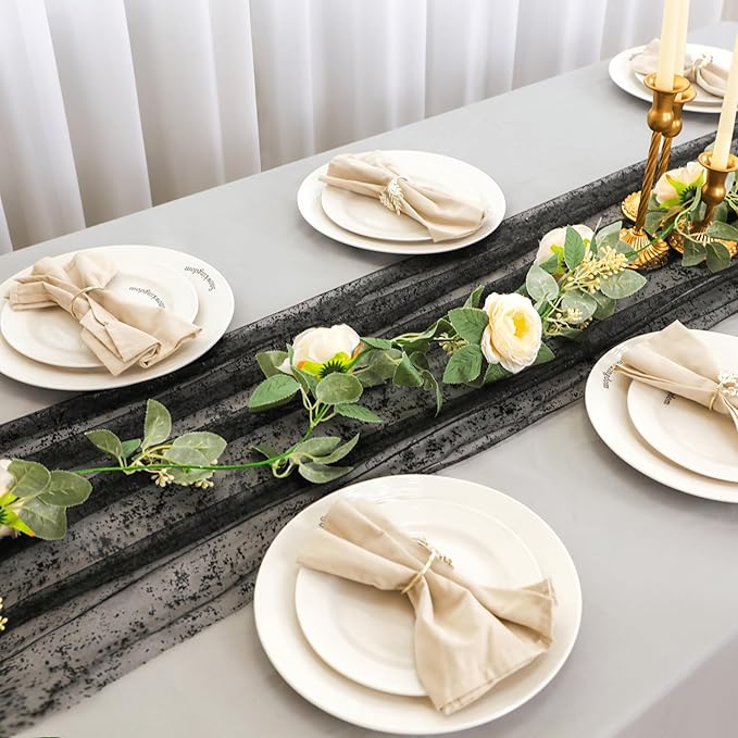 Snowkingdom Black Table Runner, 10FT Sheer Tulle Gauze Metallic Mesh