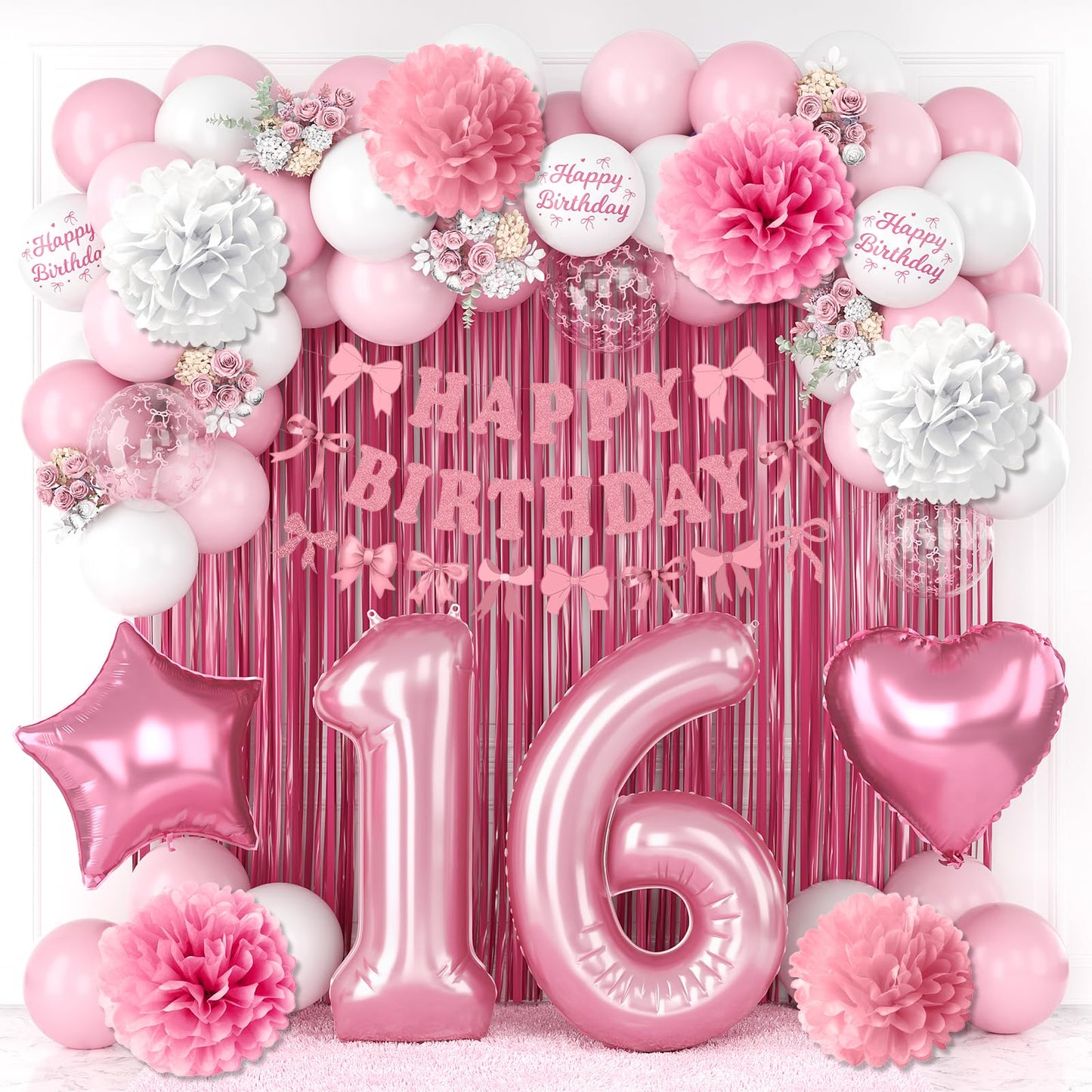 16th Birthday Decorations for Girls Pink Number 16 Balloon Bow