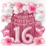 16th Birthday Decorations for Girls Pink Number 16 Balloon Bow