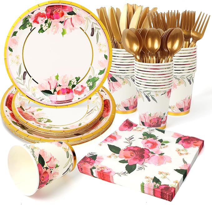 168Pcs Paper Plates Floral Rose Gold Party Plates and Napkins