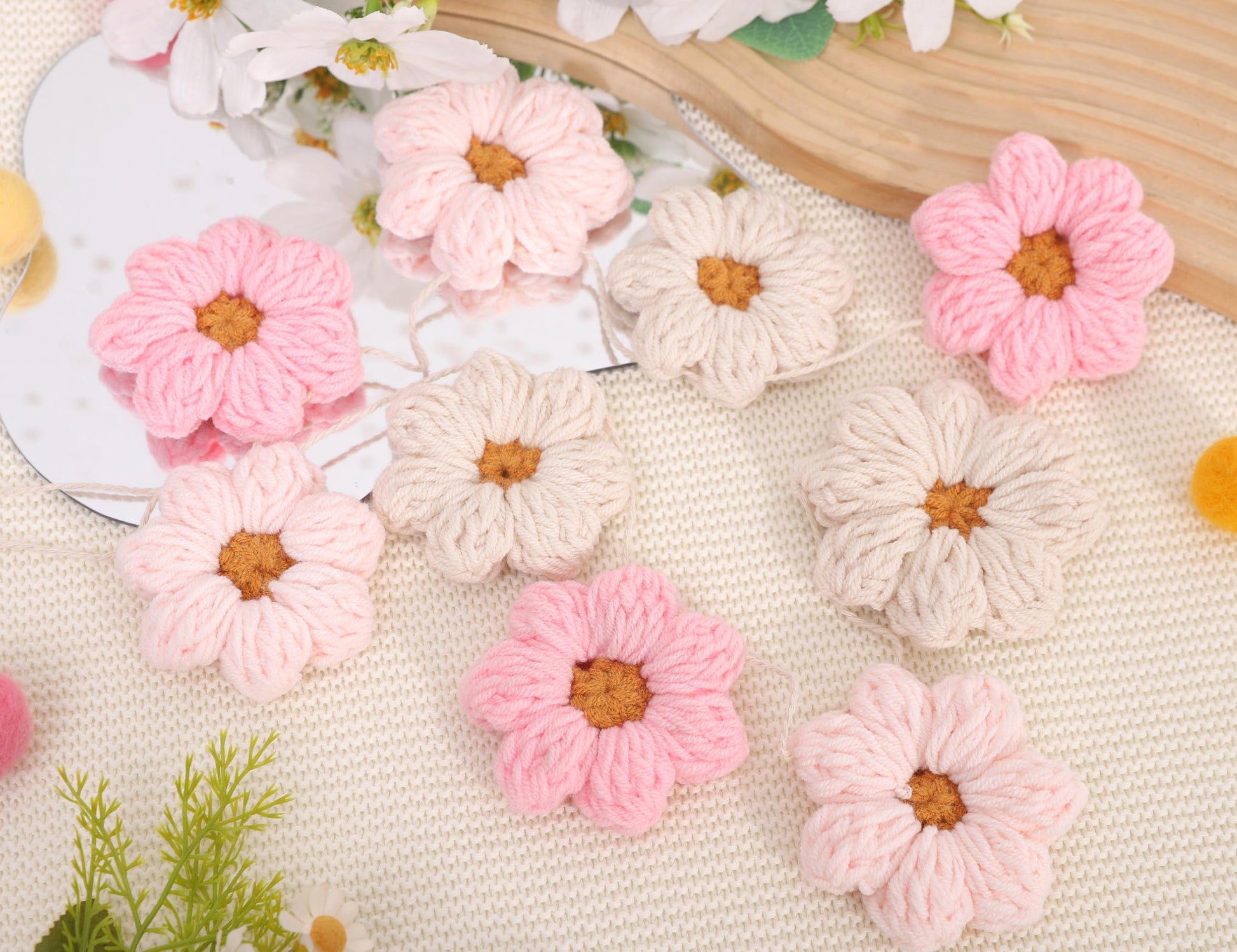 Boho Crochet Daisy Garland - Pink and Beige Yarn Floral Banner for