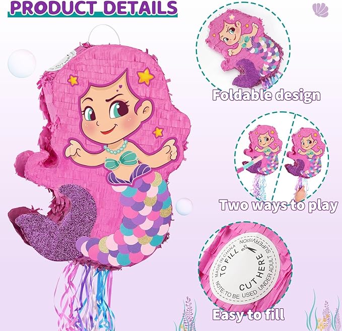 Foldable Mermaid Piñata Pull String Mermaid Birthday Party