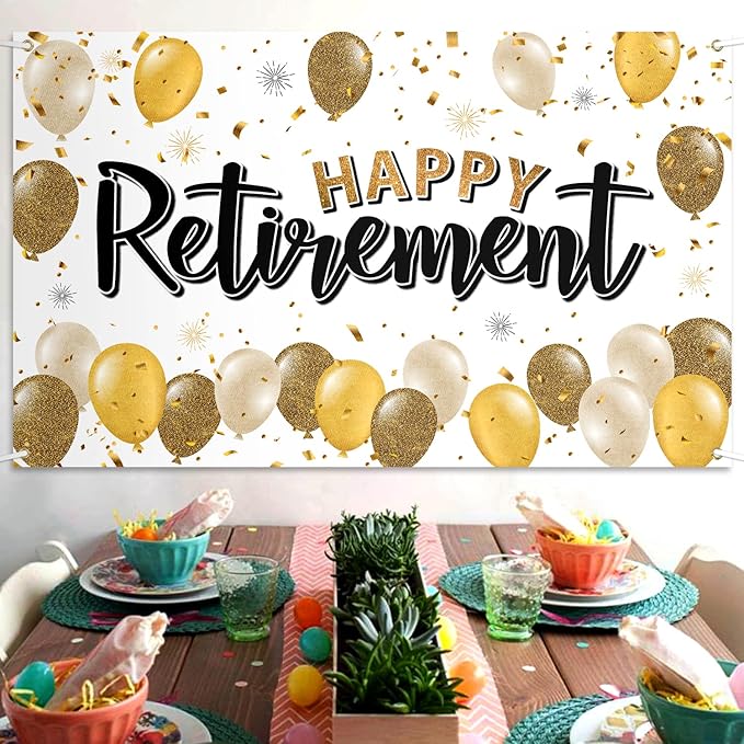 Happy Retirement Decorations Gold Large Balloon Banner Backdrop Sign