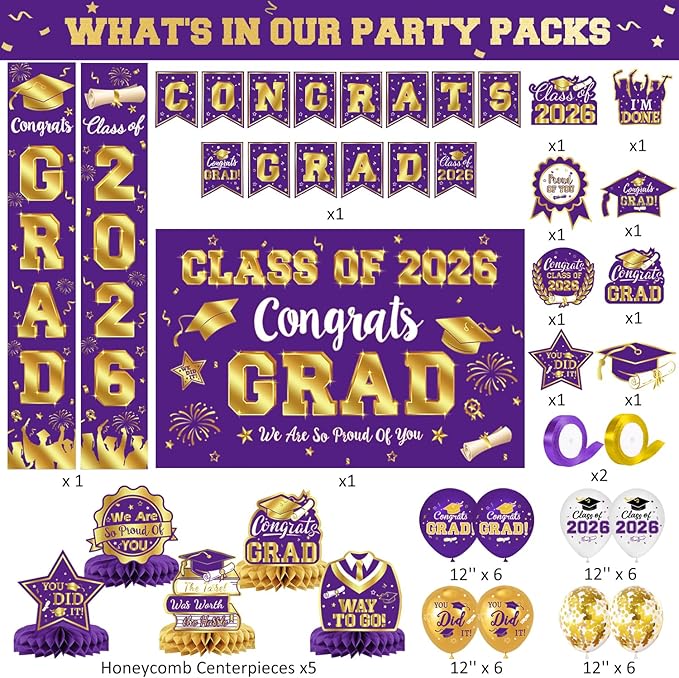 Graduation Decorations Class of 2026 Purple and Gold Graduation