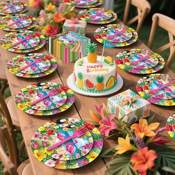 100 Pcs Tropical Aloha Flamingo Birthday Party Supplies Set Serves