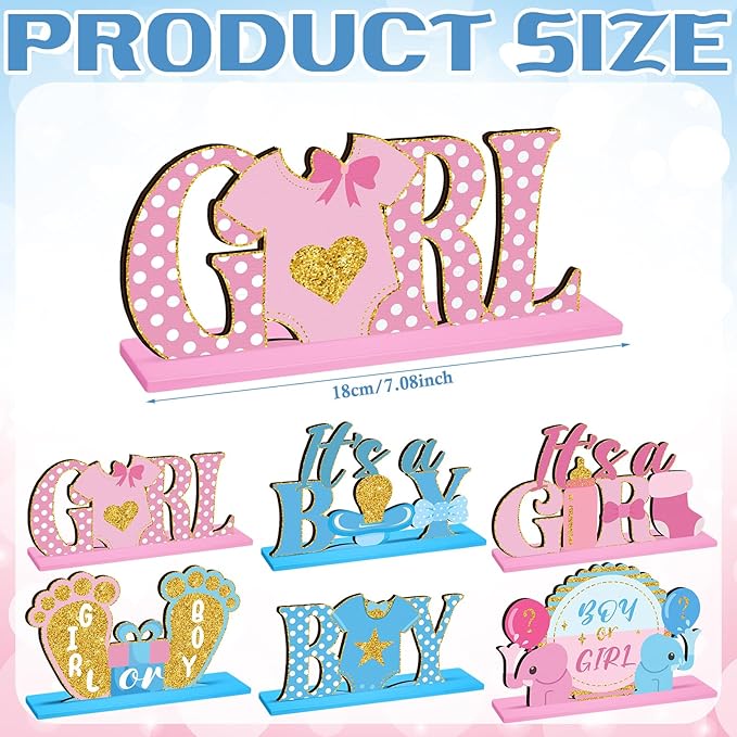 6 Pcs Baby Gender Reveal Table Wooden Decorations Blue and Pink