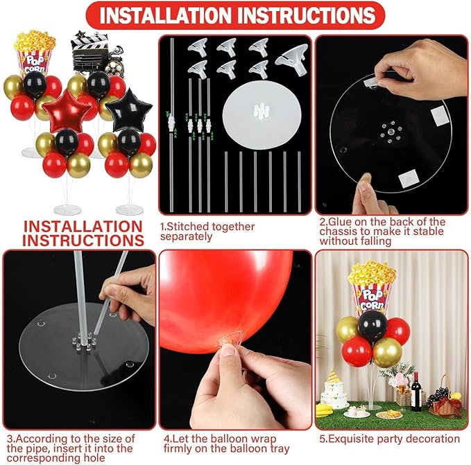 4 Sets Movie Night Party Balloons Stand Kit with Popcorn Clapboard