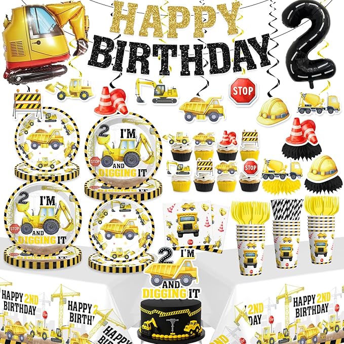 Xynic 187pcs Construction Birthday Party Supplies for 2 Year Old Boy