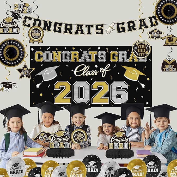 Black and Gold Themed 2026 Graduation Decorations Set Congrats Grad