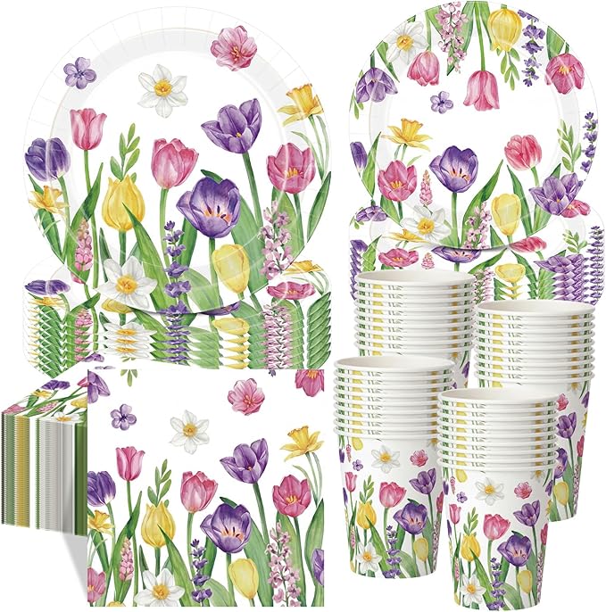 250 Pcs Tulip Floral Paper Plates and Napkins Spring Party Supplies