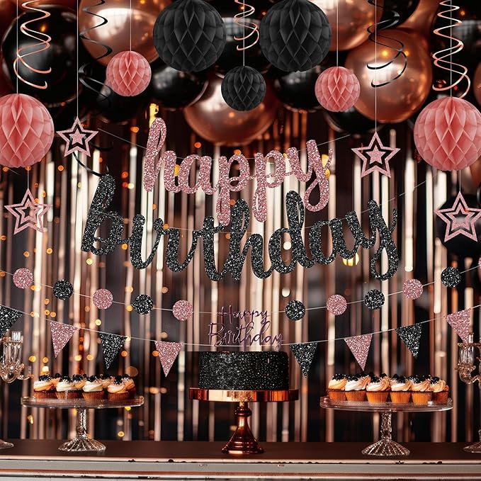 Rose Gold and Black Birthday Party Decorations Set Happy Birthday