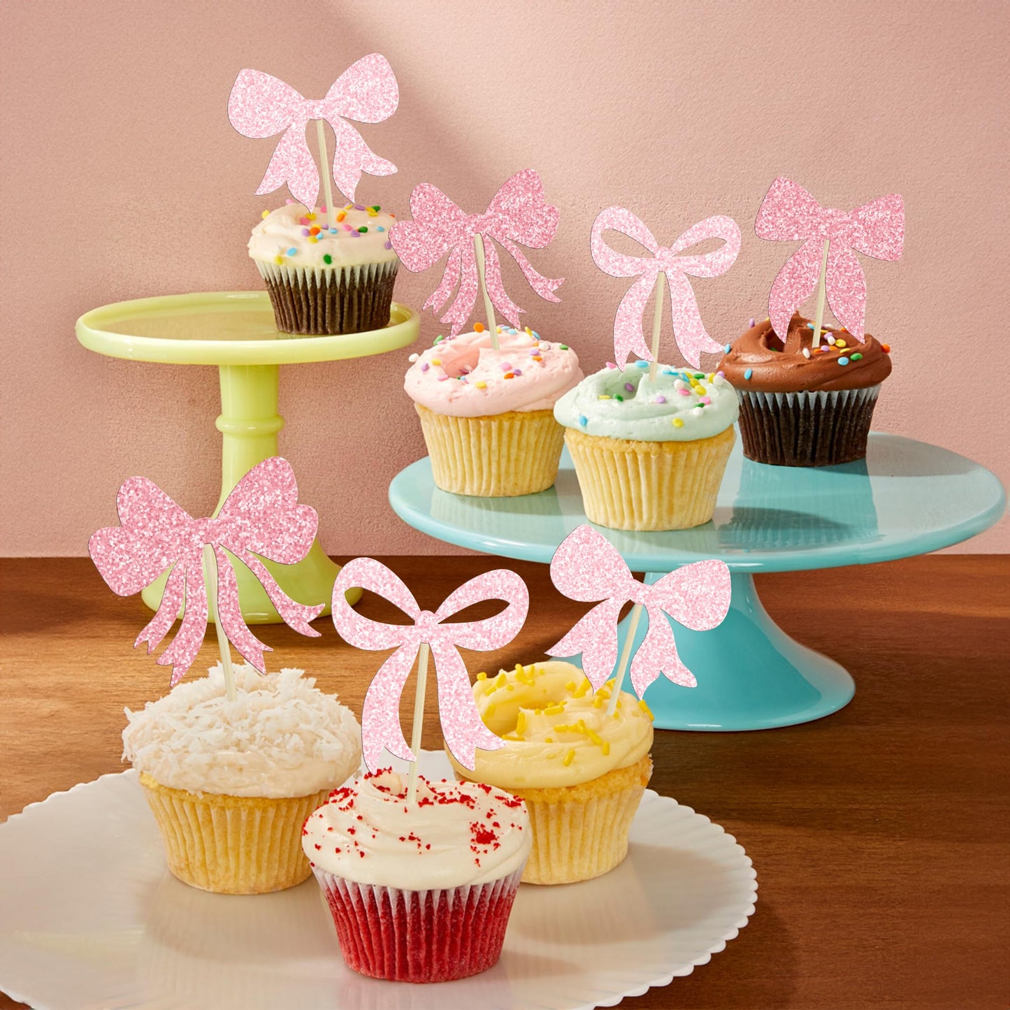 Gyufise 36Pcs Bow Cupcake Toppers Glitter Bowknot Cupcake Picks Bow