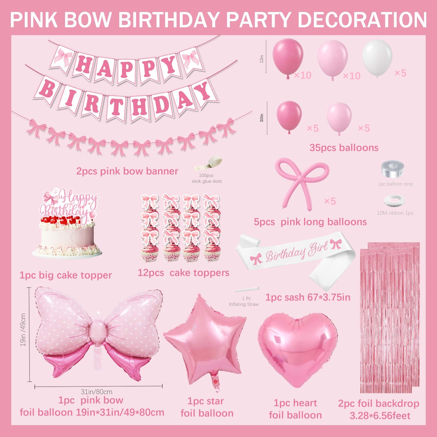 Pink Bow Birthday Decorations for Girls Women, Coquette Birthday