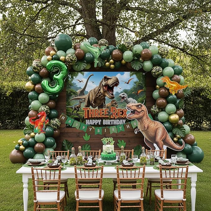 Dinosaur Birthday Decorations include Hunter Green Brown Gold
