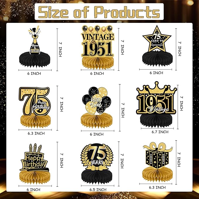 75th Birthday Decorations for Men, 9PCS Black Gold 75th Birthday