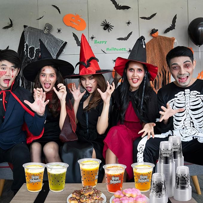 50 Pcs Halloween Cups 12 oz Spider Plastic Cups Clear Happy