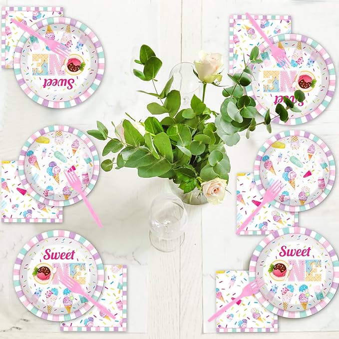 96Pcs Sweet One Ice Cream 1st Birthday Party Paper Plates and