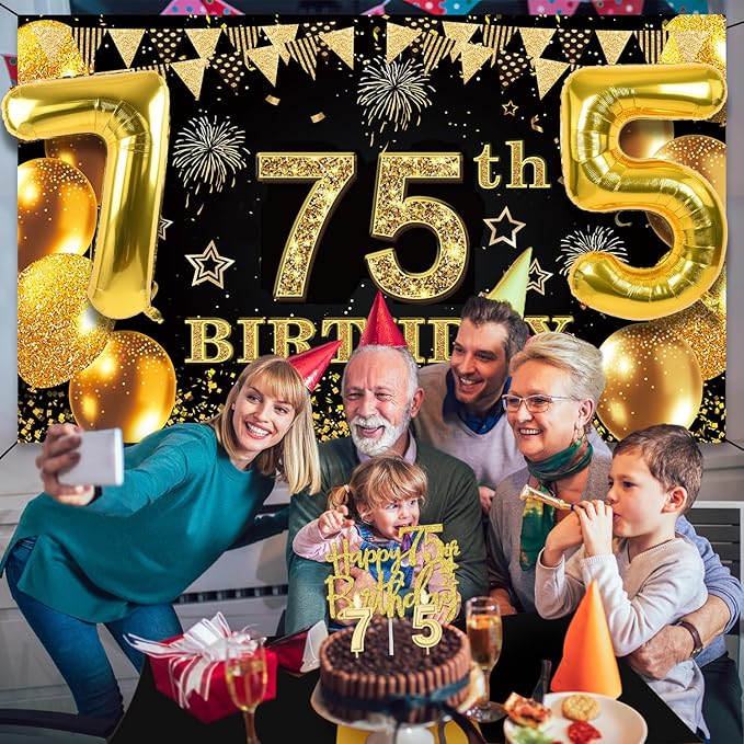 75th Birthday Decorations Men Women with 75th Birthday Banner Black