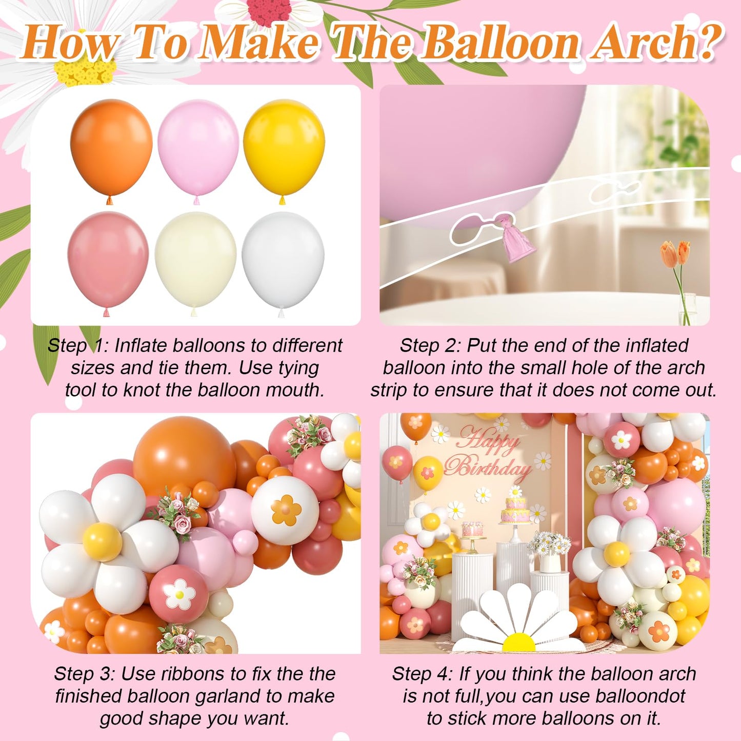 Daisy Balloon Garland Arch Kit,Retro Orange Yellow Pink Boho Balloon