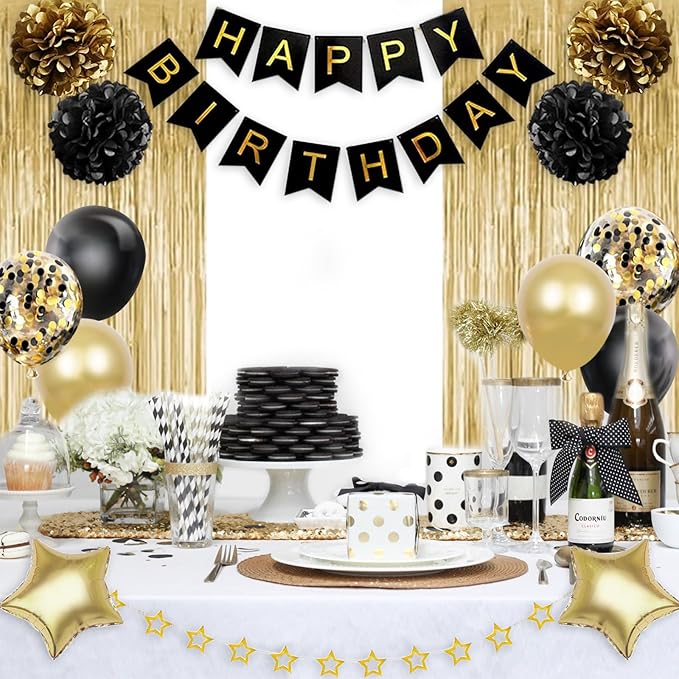 Birthday Decorations for Men Women, Gold and Black Party Decorations,