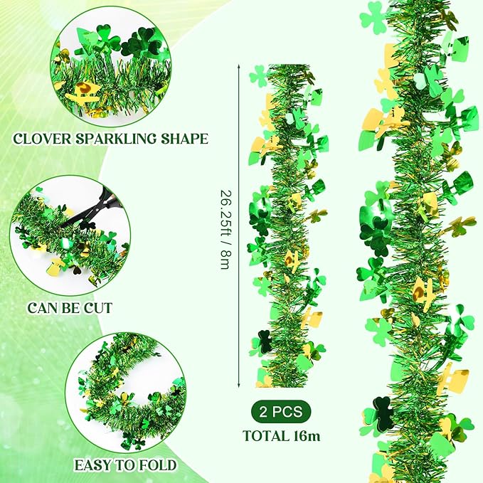 52 Feet St Patrick's Day Tinsel Garland Shamrock Glitter Metallic