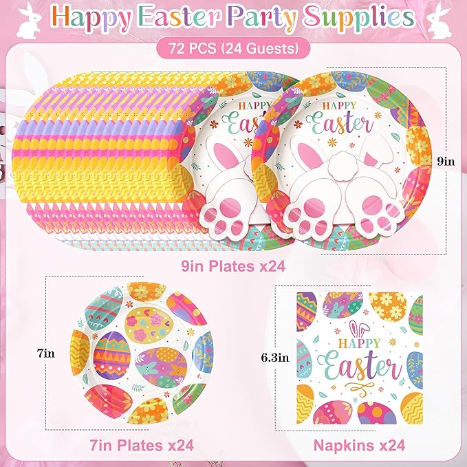 Happy Easter Plates and Napkins, 72PCS Colorful Easter Party